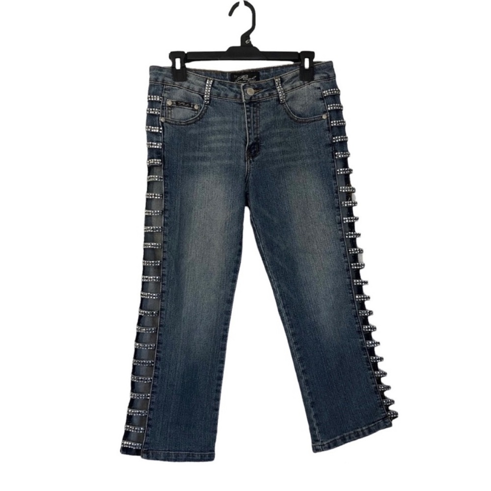 Plush Platinum Blue Jean Cut Out Rhinestone Capri Pants